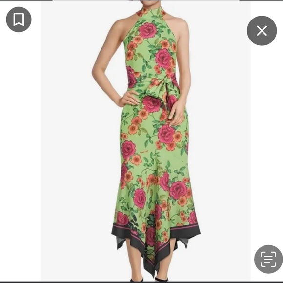 belle badgley mischka floral print halter neck belted midi dress Belle Badgley Mischka Halter Neck Sleeveless Green Floral Print Dress